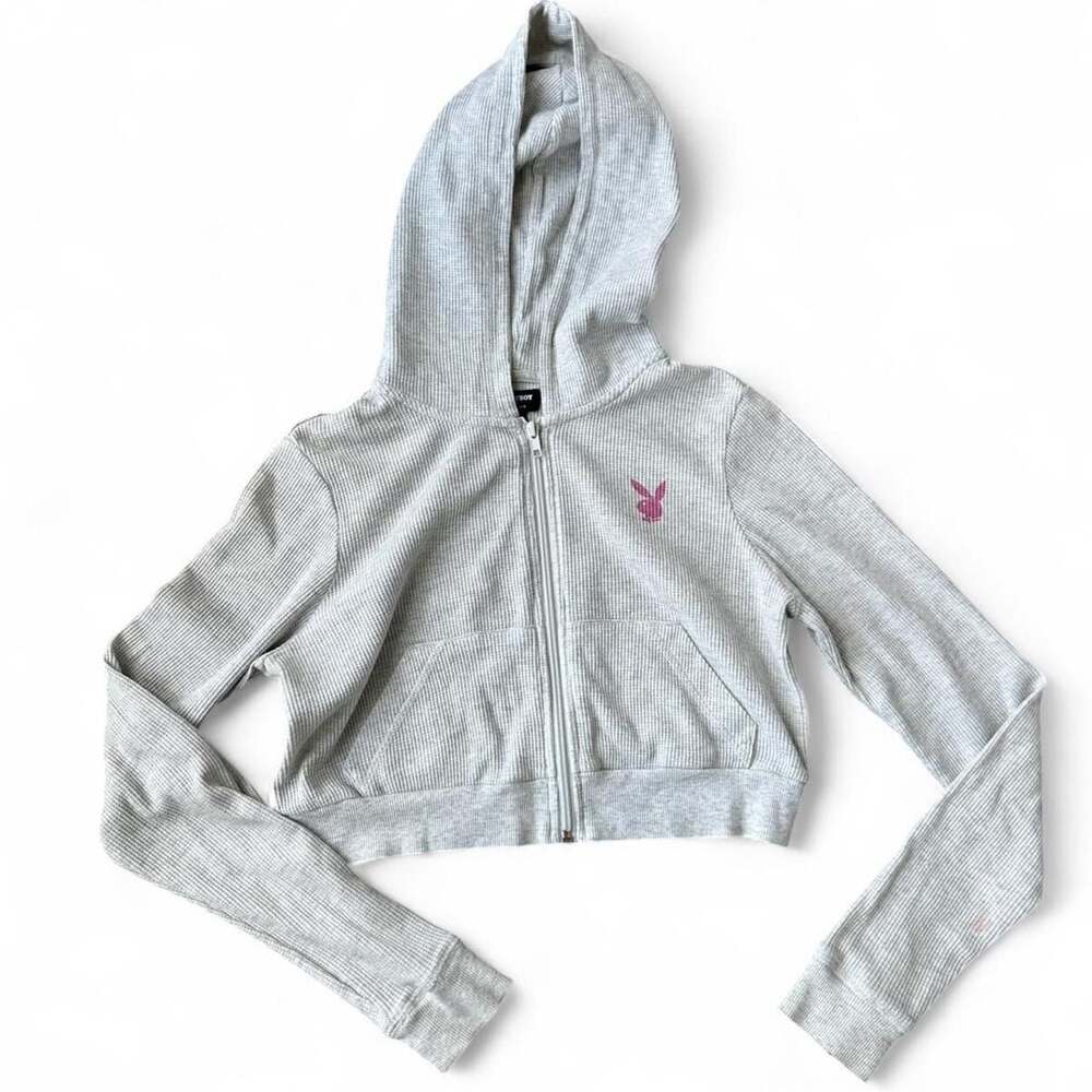 Y2K PacSun Playboy Grey Waffle‑Knit Cropped Zip‑Up Hoodie – Size XS